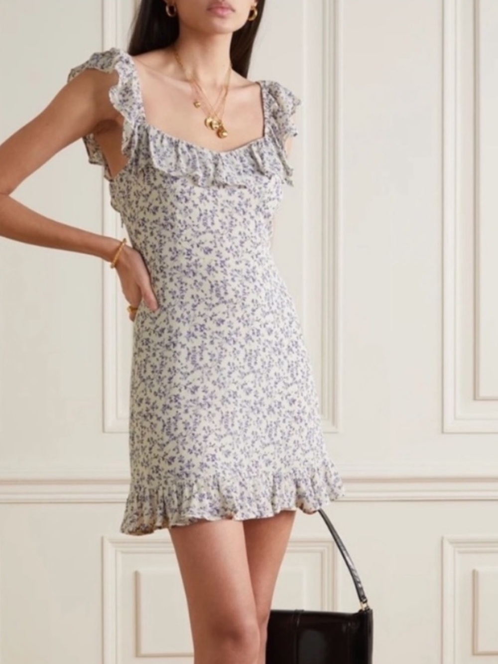 Reformation Paris Ruffle Floral Mini Dress in Blue Sz 0